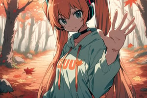 dal-11, masterpiece, best_quality, score_9,score_8_up,score_7_up,source_anime, 1girl, solo, hatsune miku, orange hair, twintails, very long hair, maple element, hoodie, autumn atmosphere, farewell, waving hand, looking at viewer,  upper body, perfect anatomy, detailed composition