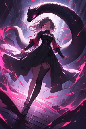 masterpiece,detailed, best quality, 1girl, BREAK, 
a demon girl elegantly walks, commanding an intimidating snake with glowing eyes and teeth , snake:1.8, mysterious environment, wind, beautiful face, BREAK,
full body, focus on the girl, dramatic angle, impressing illumination