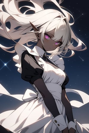 dal-12, masterpiece,best_quality, 1girl,  dark elf, maid, floating hair, solo, upper body, looking at viewer, elegant pose, perfect anatomy, starry sky, perfect hand