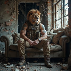 A muscular man with a majestic lion's head sits on an old, torn couch. His body is clad in rugged, dusty, military gear. He wears a worn-out, battle-damaged tactical vest over a heavy, khaki combat shirt, with thick, reinforced pants made for rough terrain. His boots are scuffed and made of sturdy leather, built for survival in harsh environments. The tactical vest bears signs of wear and tear, with scratches and bullet marks across its surface, and the leather straps appear to have been repaired several times. The sleeves of his shirt are torn, revealing scars on his arms, and dirt and grime cover much of his outfit. His entire appearance conveys the harshness of battle, with a body that has seen countless fights and a uniform that has withstood the rigors of war.
The room is meticulously modeled after the ruins of Palestinian structures. The walls are cracked, with portions collapsed, and broken bricks and stones scattered across the floor. The windows are shattered, with rusted metal frames, allowing faint, dust-filled light to filter into the room. Broken electrical wires hang from the ceiling, and parts of the ceiling itself have caved in. The overall atmosphere is dark, desolate, and haunting, evoking a strong sense of instability and destruction.
,Midjourney_Whisper