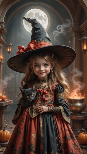 The hall is bright and enchanting, a very cute, little witch, with a cute black kitten slinking between her legs, greets you with smiles that invoke happiness and safety at your welcomed intrusion, her presence is playful and inviting. her gown ornate with bright hues red and gold, her eyes flicker gold hues in the darkness of her chamber, she stand in from of a bubbling caldron with the steam turning into little, happy, ghosts. The caldron and shelves are decorated with halloween pumpkins. her presence also invokes joy and playfulness. She beckons you to join her with a cute and devilish smile. closeup portrait, hyperdetailed, 8k resolution, concept art, bright colors, hyperrealism, digital illustration, intricate, vapor, complex, ethereal, horror, dark environment, (&:0)t (photography, high-resolution, dynamic, energetic,hyper-realistic, dramatic lighting, shallow depth of field.)