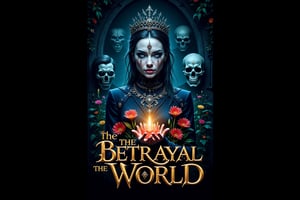 Here's a prompt for generating a high-quality YouTube thumbnail:

A mysterious woman with piercing blue eyes and ornate jewelry stands amidst a lush, vibrant garden filled with exotic flowers. Skull-faced figures loom ominously in the background, their features sharp as if carved from stone. The title 'The Betrayal of the World' dominates the frame, written in bold, stylized serif font that exudes drama and intensity. The text shines like polished gold against the dark, mystical backdrop, drawing viewers in with an air of mystery and intrigue. The woman's porcelain skin and intricate jewelry glisten in ultra-high definition, while the flowers and skull figures seem to spring from the canvas, creating a visually striking composition that commands attention.