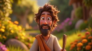 Camera Angle: Close – Up

Color Scheme and Lighting and Artistic Style: Disney cartoon style, 8k, realistic lighting and shadows, vibrant colors, cinematic background, Pixar-like rendering style. 

Main Character: Create an image of Jesus Christ at 50 years old, walking at 180 cm tall. He has wavy light brown hair that reaches his shoulders, with a side part, and a medium-length, neatly trimmed light brown beard. His skin is light with a warm undertone, giving him a gentle and peaceful aura. His large, amber-colored eyes reflect wisdom and contemplation. He is wearing a light beige robe with an orange shawl draped over one shoulder. His expression is calm and thoughtful, embodying serenity and wisdom. With a wooden stick in hand, A natural,1.5 meters tall, with slight curves and a rough texture. It has uneven surfaces, small cracks, and visible knots in dark brown shades, giving it a rustic, old, and weathered appearance.

Background and Atmosphere: A garden full of diverse and colorful flowers that surrounds the eyes of every viewer with golden light surrounded by nature, a masterpiece,disneypixfal