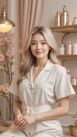 

Background: Behind her, a serene, professional beauty-clinic background is visible, featuring soft, calming colors such as pale pinks, creams, and whites. Stylishly arranged shelves hold beauty products and supplements, reinforcing the clinical yet inviting atmosphere. Soft, warm lighting from above and slightly to the sides adds a natural glow to her skin and highlights her hair, bringing focus to her expressions.

Gestures and Body Poses: In various poses, she maintains a calm and approachable demeanor. She may have her hands gently clasped, or she might gesture subtly with one hand to emphasize a point as she speaks. Each pose is professional, controlled, and communicates her expertise and friendly confidence.

Lighting and Camera Settings: Lighting is soft, warm, and professional, creating gentle shadows that enhance her facial features without harsh contrasts. The camera angle is at eye level or slightly below, emphasizing her professional stature and focus on the viewer.