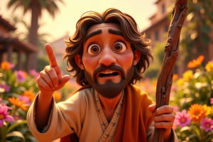 Style: Disney cartoon style, 8k, realistic lighting and shadows, vibrant colors, cinematic background, Pixar-like rendering style. Close-up image of Jesus Christ at 50 years old, walking at 180 cm tall. He has wavy light brown hair that reaches his shoulders, with a side part, and a medium-length, neatly trimmed light brown beard. His skin is light with a warm undertone, giving him a gentle and peaceful aura. His large, amber-colored eyes reflect a wise and instructive gaze. He is wearing a light beige robe with an orange shawl draped over one shoulder. His expression is thoughtful and authoritative, as if delivering a sermon. His right hand is raised, with his index finger pointing to the sky, emphasizing his words in a teaching or advising gesture. With a wooden stick in hand, a natural, 1.5 meters tall, with slight curves and a rough texture. It has uneven surfaces, small cracks, and visible knots in dark brown shades, giving it a rustic, old, and weathered appearance. In the background, you can see blurred but vibrant colors from a garden full of diverse and colorful flowers, surrounded by a golden light that enhances the beauty of nature.