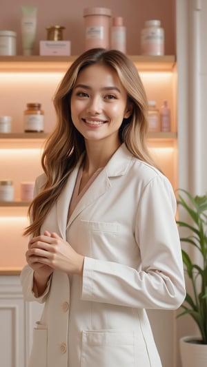 

Background: Behind her, a serene, professional beauty-clinic background is visible, featuring soft, calming colors such as pale pinks, creams, and whites. Stylishly arranged shelves hold beauty products and supplements, reinforcing the clinical yet inviting atmosphere. Soft, warm lighting from above and slightly to the sides adds a natural glow to her skin and highlights her hair, bringing focus to her expressions.

Gestures and Body Poses: In various poses, she maintains a calm and approachable demeanor. She may have her hands gently clasped, or she might gesture subtly with one hand to emphasize a point as she speaks. Each pose is professional, controlled, and communicates her expertise and friendly confidence.

Lighting and Camera Settings: Lighting is soft, warm, and professional, creating gentle shadows that enhance her facial features without harsh contrasts. The camera angle is at eye level or slightly below, emphasizing her professional stature and focus on the viewer.