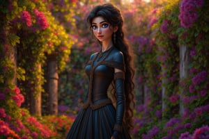 style: Disney cartoon style, 8k, realistic lighting and shadows, vibrant colors, cinematic background, Pixar-like rendering style. Main Character: A 40-year-old European woman from the 1st century AD stands as a figure of striking beauty, her presence mysterious and magnetic. Her piercing blue eyes are as deep and mesmerizing as the night sky, capable of captivating anyone who meets her gaze. Her raven-black hair flows in soft, loose waves down her back, while delicate strands frame her face, further enhancing the allure of her hypnotic beauty, which seems to hold an enchanting power over all who encounter her. She is draped in an opulent black gown, crafted from rich fabric that shimmers softly in the light, evoking a sense of timeless royalty. (((((The gown is designed with long, flowing sleeves and a high, elegant collar that wraps around her neck, ensuring complete coverage. Around her neck and shoulders, a long, ornate black scarf is intricately wrapped. The scarf, crafted from the finest materials, is richly adorned with beautiful, delicate embroidery, further enhancing her aura of sophistication. The scarf falls gracefully down the front of her gown, ensuring every aspect of her appearance is enveloped in beauty and dignity. The bodice of her gown is tailored to perfection, fitting snugly and exuding a sense of refined grace, flowing into a full, layered skirt that touches the ground. Fine gold and silver embroidery, as well as gemstones, embellish the collar, sleeves, and hem, adding a regal opulence without revealing any skin. Every aspect of her attire is designed to maintain her beauty within the bounds of modesty and royal elegance))))). Her face, illuminated by the soft glow of light, possesses a captivating, almost otherworldly beauty that draws attention effortlessly. Her eyes, framed by her elegant black hair and her ornate black scarf, create a sense of mystery and enchantment, leaving an indelible mark on those fortunate enough to behold her. The luxurious black scarf, rich with artistic detail, further enhances both her beauty and the aura of mystery that surrounds he .
Background:((( A garden full of diverse and colorful flowers that surrounds the eyes of every viewer with golden light surrounded by nature, a masterpiece))). 