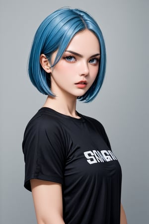 Angry girl, blue hair, studio light, t shirt
