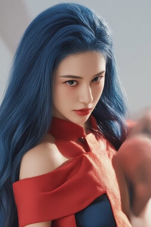 angry girl, blue hair, superhero look, marvel