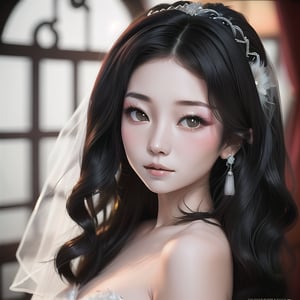 Portrait bride (an Asian wavy shoulder length hair, girl with pale skin and black eyes looking at the viewer), red wedding traditional costume 