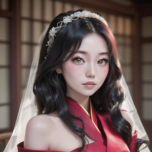 Portrait bride (an Asian wavy shoulder length hair, girl with pale skin and black eyes looking at the viewer), red wedding traditional costume 