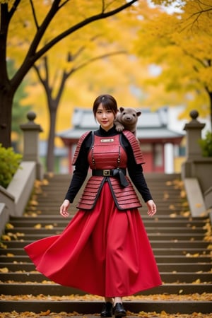 A realistic movie-like image. dynamic pose, bottom view of many yellow leaves of ginkgo trees falling in the wind. An Asian beautiful woman, beautiful eyes and face, short hair with a cute baby pygmy hippo on his shoulder, wearing a beautiful red and black samurai armor, a red robe fluttering in the wind, red amidst flower petals is walking down the stone steps of the shrine. Golden light shines from the side, warm and soft light, realistic, behind is blurred is a shrine.