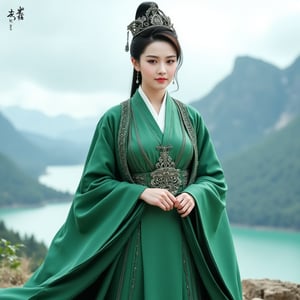 full body Girl, Chinese, magnificent, glamorous, gorgeous, random pose, wearing jade green robe, standing at The Alps, eye contact, 
(photo-realistic, ultra realistic 8k CG:1.2), perfect artwork, delicate pattern,