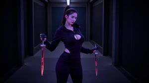 4K quality, digital drawing mode, ninja -themed female character, long dark hair pulled into a tight ponytail, glowing pale lavender eyes, wearing a sleek black and dark purple stealth suit with a hood, holding twin daggers with glowing runes etched into the blades, standing in a dimly lit alleyway with shadows coiling around her, radiant skin, focused and silent expression, full body, dynamic pose as she blends into the shadows, life size, perfect anatomy, detailed skin texture, full HD, 4K, HDR, perfect anatomy, depth of field.