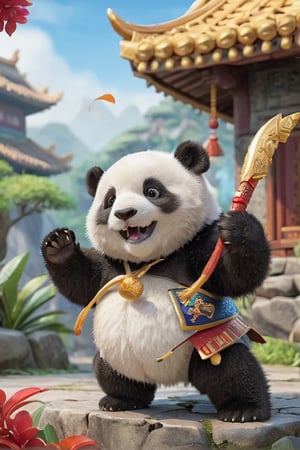 animal, no_human, panda, cute and adorable, happy and beautiful, cute detailed illustration expressing joy, dynamic poses, wearing a dragon warrior background, fully dressed, tiny, cute scene, stunning, tiny detail, fluffy, 3D cartoon, Disney Pixar style. 