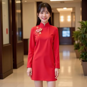 a young girl, smile, long hair, black hair, dress, brown eyes, standing, shoes, indoors, high heels, chinese clothes in red, china dress, realistic