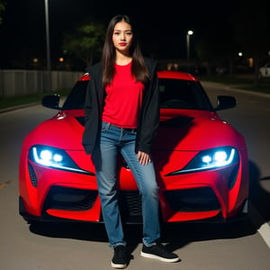 Good looking Thai-chinese woman wearing a red t-shirt, with black jacket on top, long jeans and Air Jordan 1 Low sneakers, posing next to a Toyota Supra car illuminated at night. Photo taken by a professional photographer.