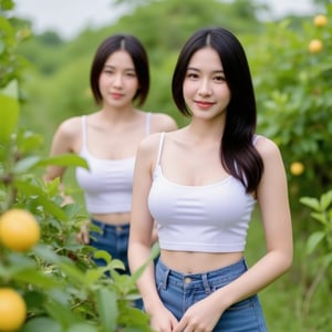 A photo of 2 Thai women, around 24 years old, among lemon farm, wearing a wet white camisole and shorts jeans,soft light, smile, full body