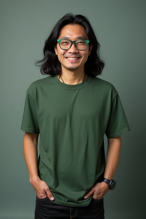 A 49-year-old Thai-Chinese man wearing green-rimmed glasses. solo, long hair, black hair, green shirt, black jeans