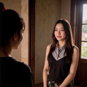 Image of a Tai-dam woman wearing an ancient Tai-dam costume, beautiful face, charming, cute, shy, alluring, sexy, healthy, cheerful, elegant, smiling, long straight hair, perfect lovely face. A young woman wearing a black sarong with an old Tai-dam pattern, standing in an ancient Tai-dam house room, looking into a mirror with an antique wooden frame, making her charming face reflected in the mirror. There is a bright light coming from the side window, making the beauty of her hair visible. There is a beautiful rim light, making the details of the image clear and sharp.