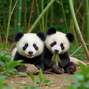 The little panda is lying in a bamboo forest, holding a bamboo shoot. It's lying down while still holding the bamboo shoot. Next to it, the mother is sitting and eating bamboo shoots.

