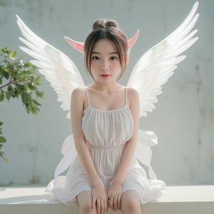 A beautiful Asian young white elf with massive white angel wings