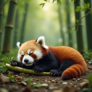 A little panda lies in the bamboo forest, has bamboo shoots in his hand. Sleep while still eating Surrounded by mother panda.