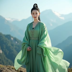 full body Girl, Chinese, magnificent, glamorous, gorgeous, random pose, wearing jade green robe, standing at The Alps, eye contact, 
(photo-realistic, ultra realistic 8k CG:1.2), perfect artwork, delicate pattern,