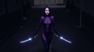 4K quality, digital drawing mode, ninja -themed female character, long dark hair pulled into a tight ponytail, glowing pale lavender eyes, wearing a sleek black and dark purple stealth suit with a hood, holding twin daggers with glowing runes etched into the blades, standing in a dimly lit alleyway with shadows coiling around her, radiant skin, focused and silent expression, full body, dynamic pose as she blends into the shadows, life size, perfect body shape , detailed skin texture, full HD, 4K, HDR, perfect anatomy, depth of field.