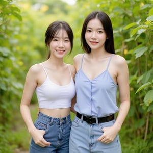 A photo of 2 Thai women, around 24 years old, among lemon farm, one wearing a wet white camisole and short jean, the other one wearing a light blue camisole and shor jean tsoft light, smile, full body