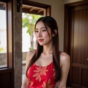 Image of a Thai woman wearing an ancient Thai costume, beautiful face, charming, cute, shy, alluring, sexy, healthy, cheerful, elegant, smiling, long straight hair, perfect lovely face. A young woman wearing a red sarong with an old Thai pattern, standing in an ancient Thai house room, looking into a mirror with an antique wooden frame, making her charming face reflected in the mirror. There is a bright light coming from the side window, making the beauty of her hair visible. There is a beautiful rim light, making the details of the image clear and sharp.