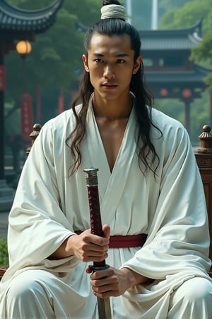 Close-up, the character Xuan Peiying in the movie "The Great Sword" is a 20-year-old Chinese man with tanned skin, long hair tied with a white cloth, wearing a white shawl + long-sleeved white sari, white pants, sitting on a chair , holding sword, with arena, forest, waterfall, Chinese school, moonlight, 3D digital image in the background.