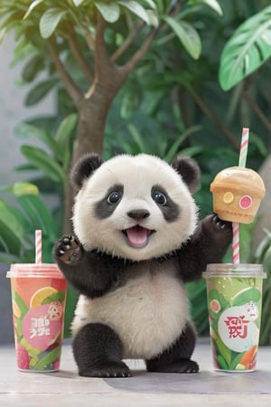 animal, no_human, panda, cute and adorable, happy and beautiful, cute detailed illustration expressing joy, dynamic poses, Selling smoothies, background, fully dressed, tiny, cute scene, stunning, tiny detail, fluffy, 3D cartoon, Disney Pixar style. 