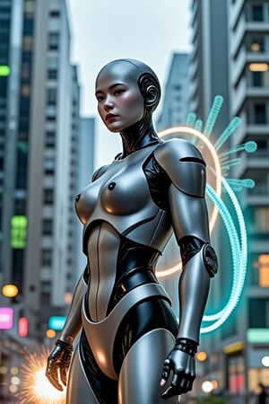 An AI robot wearing a metal armor, with glowing wires and pipes in shades of blue and orange on its back, indicating its powerful energy.
• The background is a futuristic city filled with tall buildings, with green and blue lights scattered across the buildings.
• The robot stands in a fighting stance, with one hand raised and generating explosive light energy, while the other hand holds a futuristic weapon.
• The robot’s face shows confidence, determination, and readiness to create a new world free from human control.