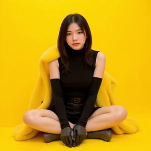 A young Asian woman with long, dark hair and a piercing gaze sits confidently on a bright yellow background, holding a handgun. She wears a black turtleneck and a short black leather skirt, and long black gloves. A yellow fur coat drapes around her shoulders, adding a touch of luxury and danger. The overall mood is bold, confident, and rebellious.