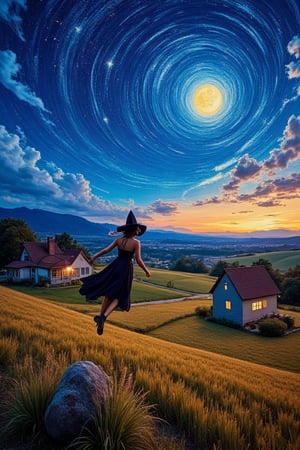 A halloween landscape with a sexy witch on her broom  at night. The sky is vibrant with swirling, starry patterns inspired by Van Gogh's style, while the land is depicted in a more impressionistic oil on canvas technique. Add a scarecrow in the field. Deep, bold brushstrokes highlight the texture of the fields, the glowing light from the house windows, and the motion of the stars in the sky.,Oil In Canvas.Kiko,VanGogh