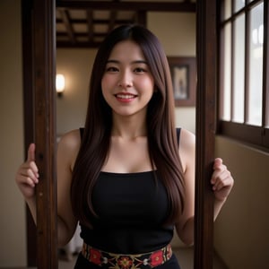 Image of a Tai-dam woman wearing an ancient Tai-dam costume, beautiful face, charming, cute, shy, alluring, sexy, healthy, cheerful, elegant, smiling, long straight hair, perfect lovely face. A young woman wearing a black sarong with an old Tai-dam pattern, standing in an ancient Tai-dam house room, looking into a mirror with an antique wooden frame, making her charming face reflected in the mirror. There is a bright light coming from the side window, making the beauty of her hair visible. There is a beautiful rim light, making the details of the image clear and sharp.