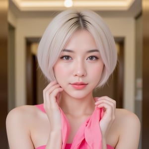 Thai women,pale skin, white highlight hair ,The pink Strips Cloth is soaked with water and the skin is soaked with plain water. (Highest quality、High resolution、Masterpiece:1.3)、(The background is a luxurious lobby.)、Accurately convey details such as facial features and skin tone.、Big eyes、Double eyelids 