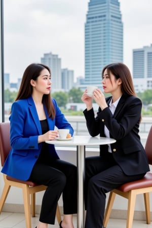 Create a full-length image, two 24-year-old Thai-Chinese women with long hair down to their mid-back, one wearing a blue suit with a black inner jacket, black trousers, the other one wearing a black suit with a white inner jacket, sitting and drinking coffee and cake together, both holding a coffee cup in one hand, with a view of a tall building in the background, a view of a street in Thailand