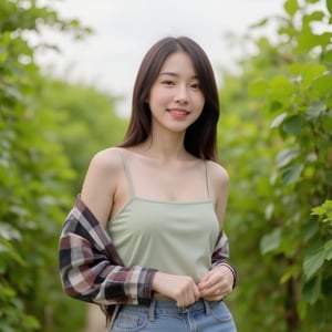 A photo of a Thai women 25 years old among lemon farm, camisole Covered with a plaid long-sleeved shirt and shorts jeans,soft light, smile , full body