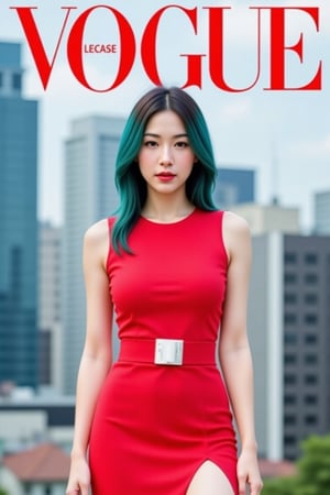 Create a high quality 16K photo of a Vogue magazine cover titled "vogue". The beautiful South Korean woman (18 years old) is dressed elegantly in a bright red mini dress with a high front slit and a white belt. She has long teal hair and red lipstick. The background is a blurred cityscape with tall buildings. This image has cool tones and is trending on ArtStation.