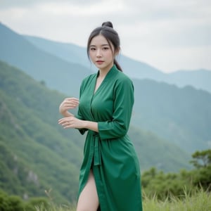 full body Girl, Chinese, magnificent, glamorous, gorgeous, random pose, wearing jade green robe, standing on huashan mountain, eye contact, 
(photo-realistic, ultra realistic 8k CG:1.2), perfect artwork, delicate pattern,