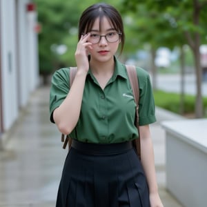 A 20-year-old woman, wearing a green shirt, a black skirt, and glasses, walking in the rain. Her shirt is slightly wet, and she uses her hand to shield her phone from the rain. She has a backpack on her back, and the background is a sidewalk. The image shows her full body, with a slight blur, and the lighting is just right.

