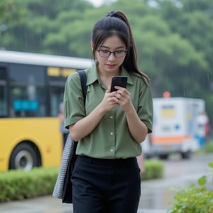 20 year old girl, wearing a green shirt, black pants, glasses, walking in the rain Your hand protects your cell phone from the rain. Behind him is a backpack, a sidewalk in the background. There is a Thai bus passing by, the picture is full, the picture is blurry, the lighting is just right.