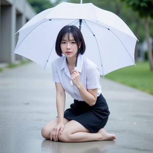 a young Asian woman is seated on a gray concrete sidewalk, holding a white umbrella in her right hand. She is wearing Thai university uniform, and black shorts. Her hair is dark brown, The umbrella she is holding has a white handle, and the umbrella casts a shadow on the concrete sidewalk. The background is blurred, but it appears to be raining.,soft focus,white short sleeve shirt,black pleated skirt