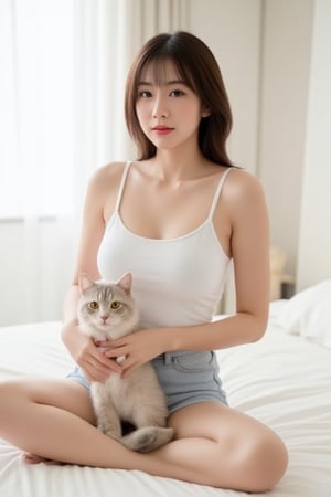 mid body,a woman with a nice chest, white tank top, short jeans, beautiful asian woman , beautiful asian woman, beautiful waman,looking at viewere,eyes,iris,sitting on bed,sitting holding a persian cat,fluffy cat, A minimalist style bedroom with clean lines and a neutral color palette, emphasizing the minimalist aesthetic. The overall atmosphere is calm, uncluttered, and serene,, realistic,sharp focus,8k,high res,super extremely ultra detailed