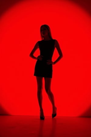 Silhouette of a woman posing gracefully, backlit by a bright [red] light. The figure is standing in high heels with one hand on the waist, with clear contrast between the black silhouette and the [red] background. The light source creates a glowing effect that emphasizes the shape of the model, creating a dramatic and elegant look. The atmosphere should convey a sense of elegance and mystery.