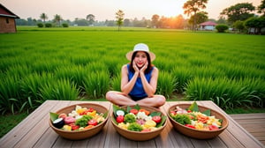 A young woman sits on a wooden platform, surrounded by green rice fields, under the bright evening sunlight. She wears a white hat, faces the camera and wears casual clothes. She is eating local Thai food arranged in three large wicker baskets, filled with fresh fruits, salads, vegetables and various foods on banana leaves. The bright colors of the food contrast with the lush greenery around her. In the distance, a wooden house and trees blend in with the quiet rural landscape.