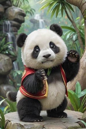 animal, no_human, panda, cute and adorable, happy and beautiful, cute detailed illustration expressing joy, wearing a Chinese Kung Fu costume, (Kung Fu costume), dynamic poses, bamboo forest background, fully dressed, tiny, cute scene, stunning, tiny detail, fluffy, 3D cartoon, Disney Pixar style. 