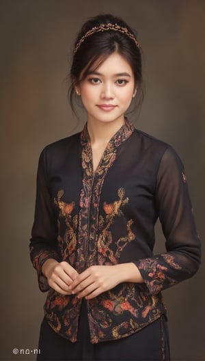 An image of a stunningly beautiful woman with short ponytail black hair, wearing black gold kebaya,Digital Illustration 1.hanna,Bajukebayamia,Baju Kebaya 